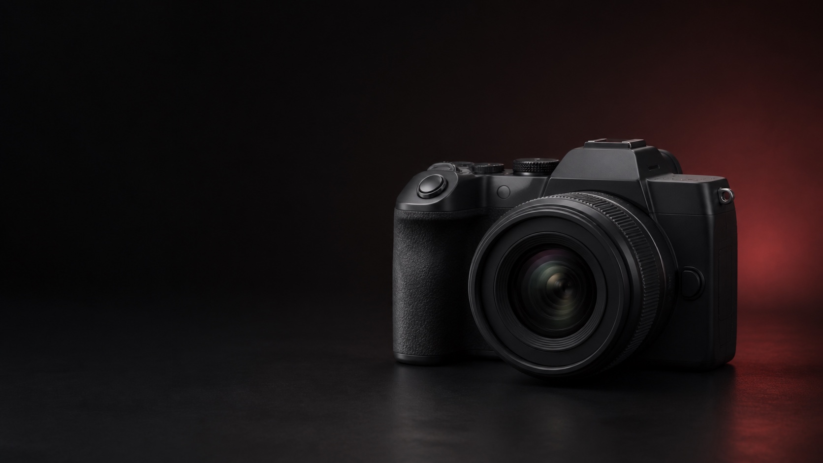 Фотореалистичная предметная иллюстрация компактной Canon EOS R8 с объективом в тёмной графитовой студии с красным акцентом. Иллюстрация для страницы «Продать Canon EOS R8 в Москве дорого сегодня».